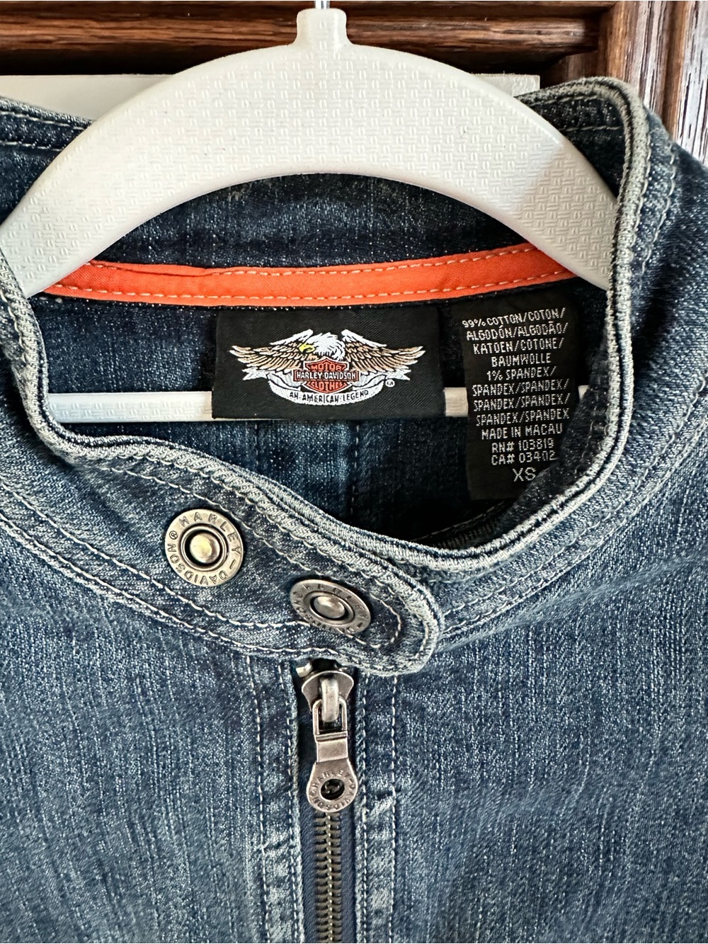 Vintage Women’s Harley Davidson patch Stretch Denim Motorcycle Coat Size XS - Picture 2 of 10